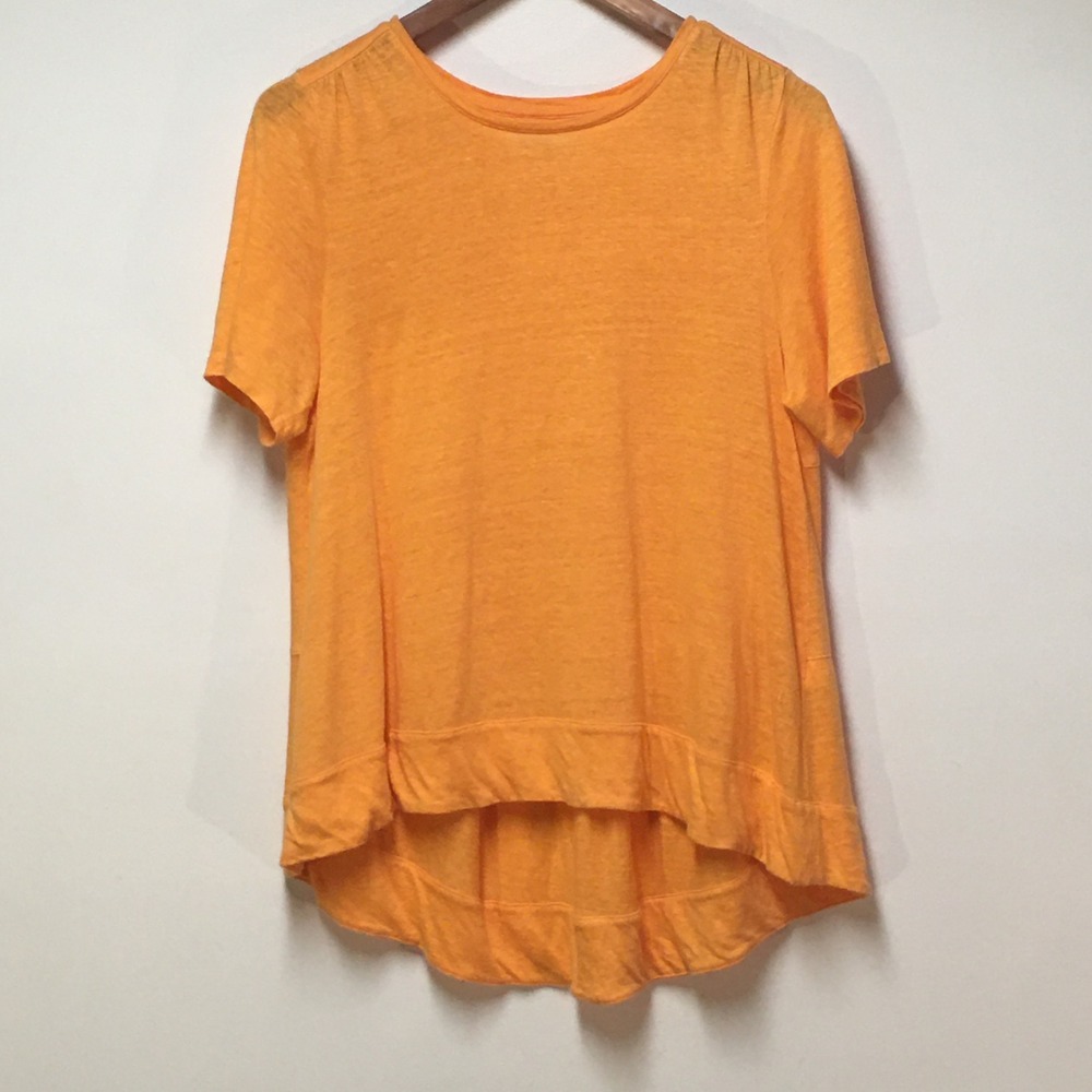 Chico's Linen Tiered Back Top Womens‎ Size 1 Medium Orange High Low Short Sleeve